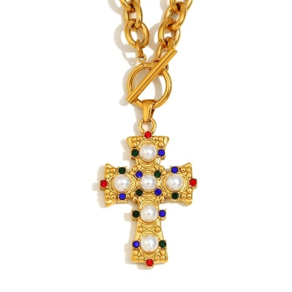 Jeweled Cross Pendant Necklace 18K Gold Plated Toggle Clasp Heavy Quality New